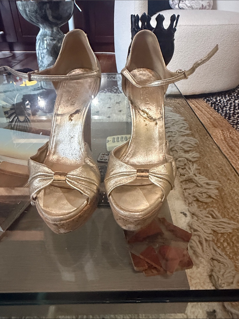 Gucci Metallic Gold Peep-Toe Platform Heels with Bow